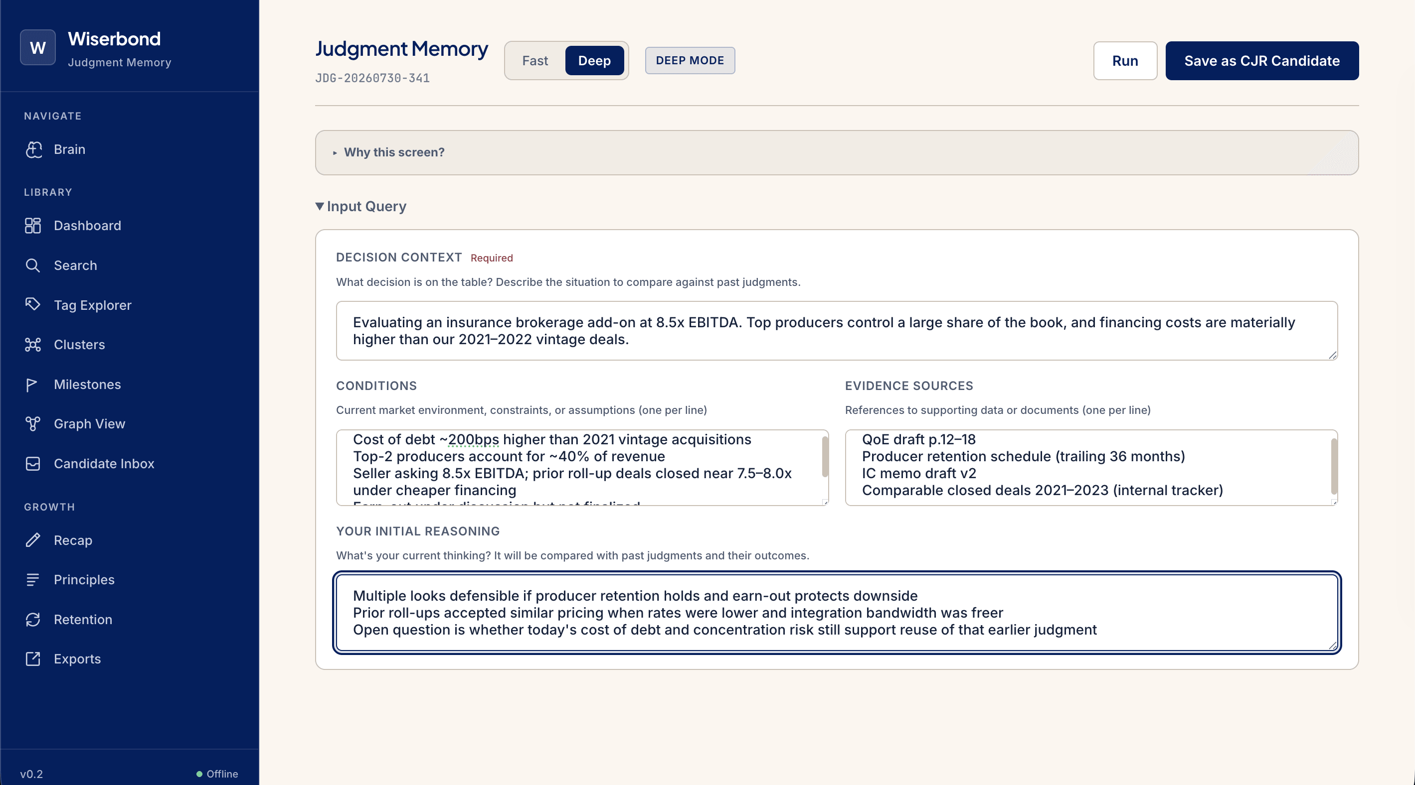 Akashic Record Deep Mode input with a filled decision scenario
